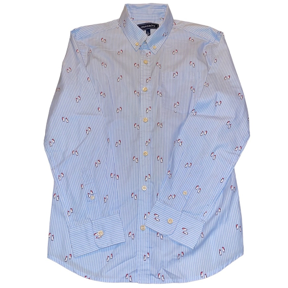 Crown & Ivy Men’s Blue White Pin Stripe Button Down With Penguins Size Large